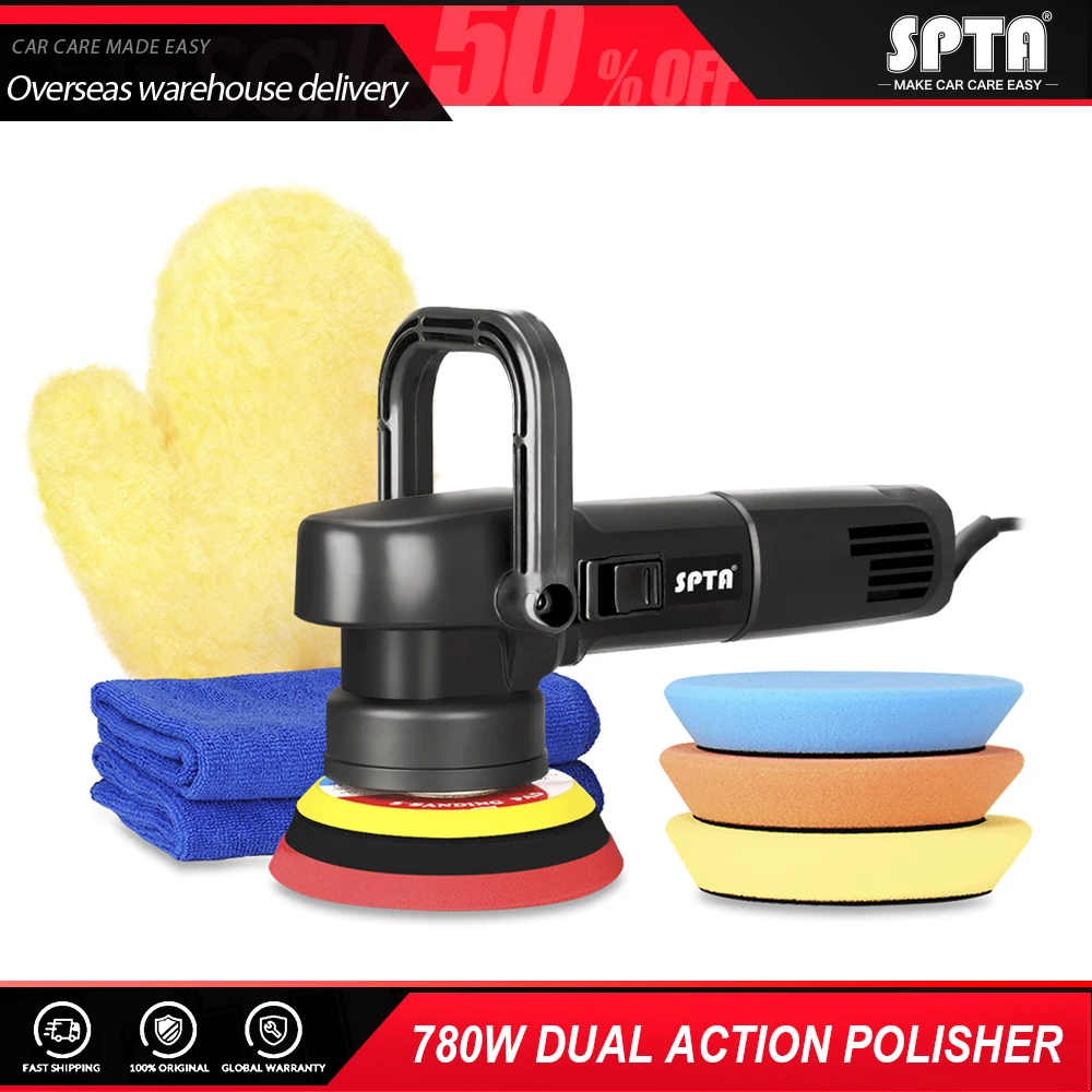 

SPTA 5 Inch 125MM 780W Dual Action Machine D-Handle Electric Buffing Polisher with Polishing Sponge Pads Golve Towel