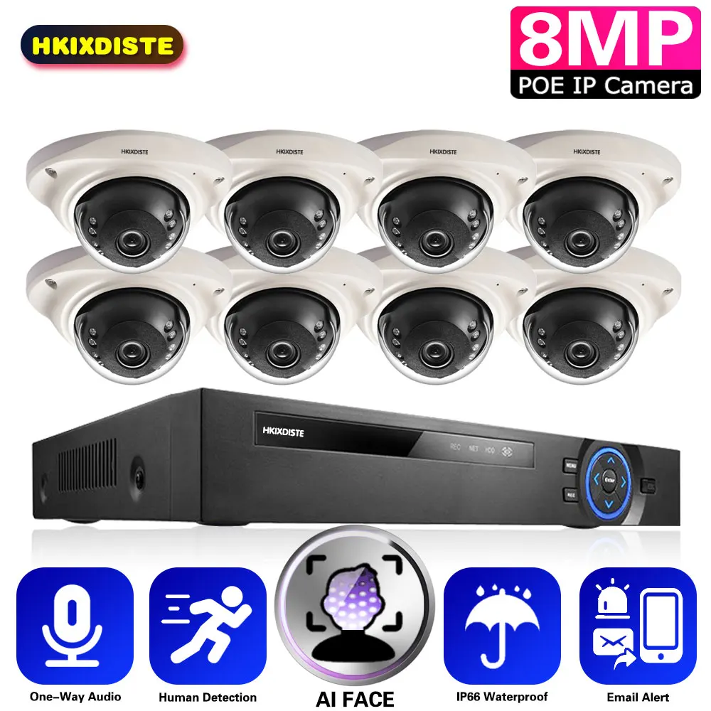 

4K 8CH POE распознавание лица NVR 8MP IR 40M купольная IP-камера ночного видения домашняя односторонняя аудиосвязь система видеонаблюдения набор 8 кан...