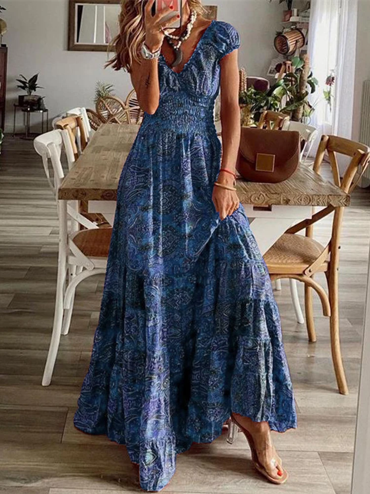

Casual Short Sleeve V Neck Waist Dress Ladies Vintage Floral Printed Long Dress Summer Women 2022 Fashion Loose Ruffle Dresses