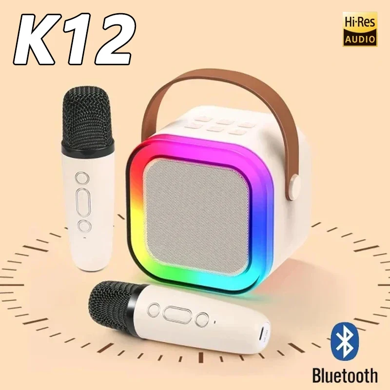מכונת קריוקי K12 עם מיקרופונים אלחוטיים 1/2 ניידים, מערכת רמקולים בלוטות' 5.3 PA עם תאורת RGB, אודיו לבית, מתנות לילדים ב-KTV