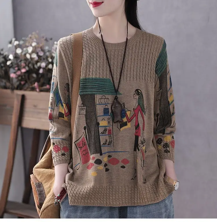 Новинка весна-осень 2023 винтажный женский свободный пуловер в художественном