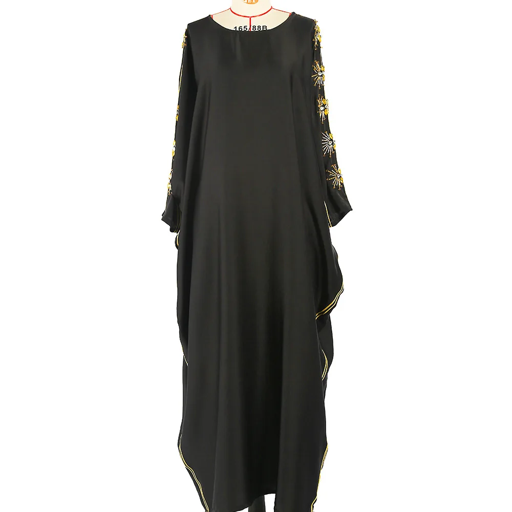 Muslim Fashion Black Satin Asymthatical Batwing Sleeve Robe Baya Diamond Cape Cloak Abaya Dubai Turkey Muslim Dress Elegant