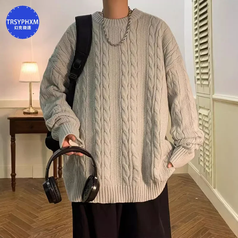 TRSYPHXM 2024 новый однотонный свитер мужской свободный с круглым вырезом модный