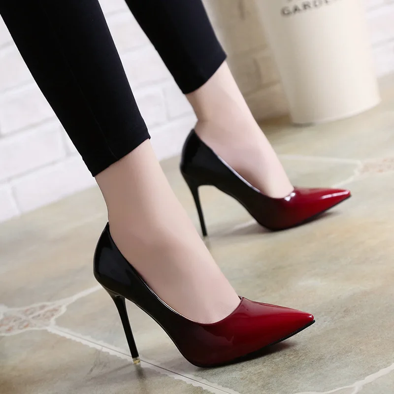 

2022 New Women Shoes Pointed Toe Pumps Patent Leather Dress Wine Red High Heels Boat Shoes Wedding Shoes