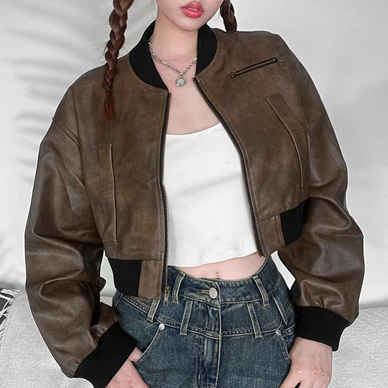 

Goth Dark Y2k Streetwear Vintage Pu Cargo Jackets 90s Grunge Loose Women Fall Crop Coats Gothic Faux Leather Ribbed Hem Outwears