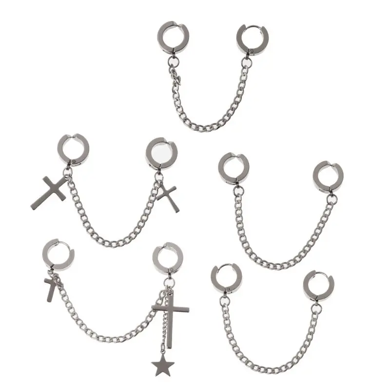 

1Pc Hip Hop Double Pierced Hoop Huggie Dangle Chain Drop Earring Studs Ear Cuffs
