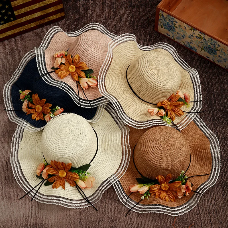 

Summer Women weaving Flower Decoration Straw Hat Lace big-brimmed straw hat women's casual simple sun hat