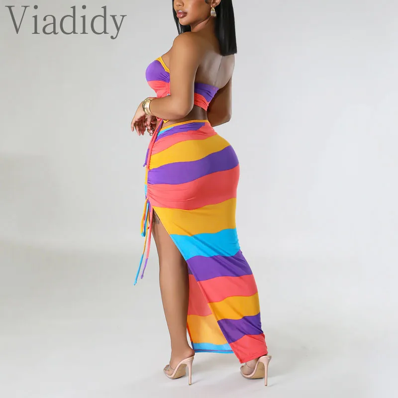 Женский Повседневный сексуальный топ-бандо в полоску и Асимметричная Макси-юбка