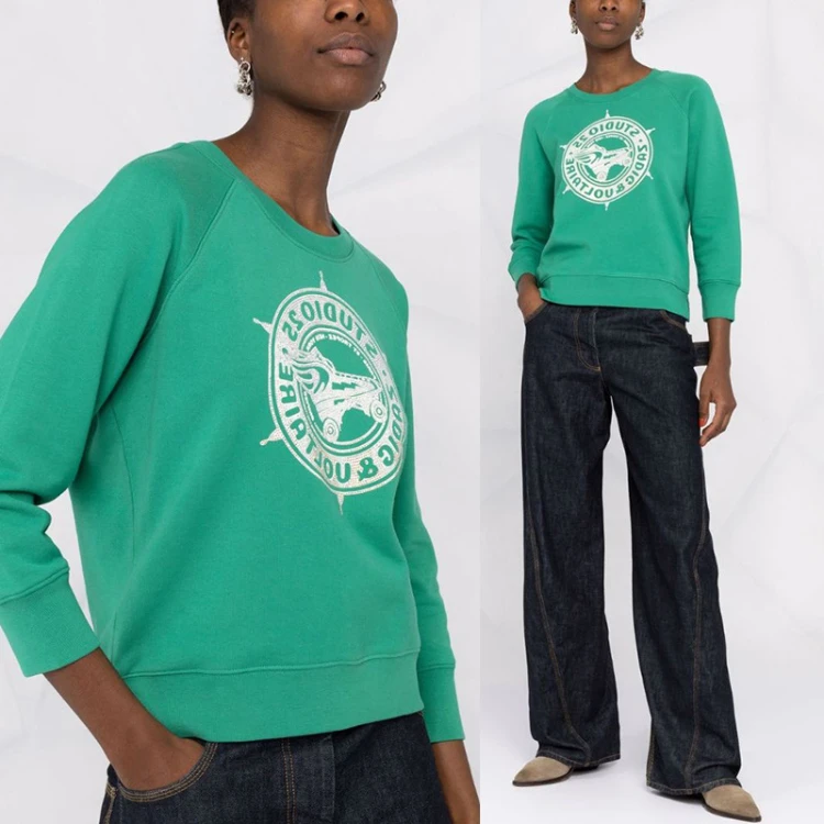 

22 Fashion Classic Trendy design Early Autumn New Pulley Printing Hot Diamond Green Raglan Sleeves Seven Sleeve Women's Sweater