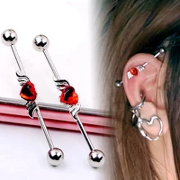 industrial piercing stainless steel earrings 14g gauge angel wing heart cartilage long rod barbell body jewelry helix pierc stud