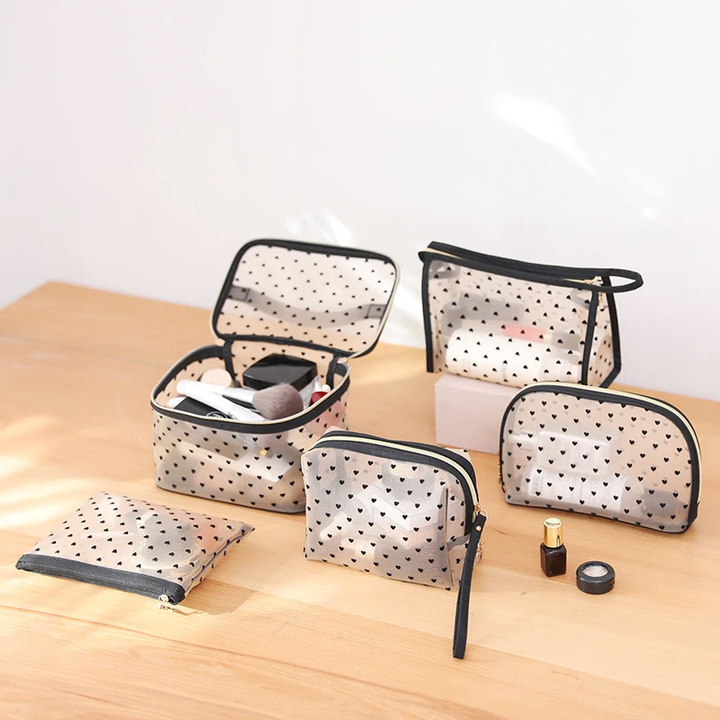 

Mesh Cosmetic Makeup Bags Case Holder Cute Transparent Zipper Black Heart Printed Pencil Pen Case Pouch Convenient To Carry