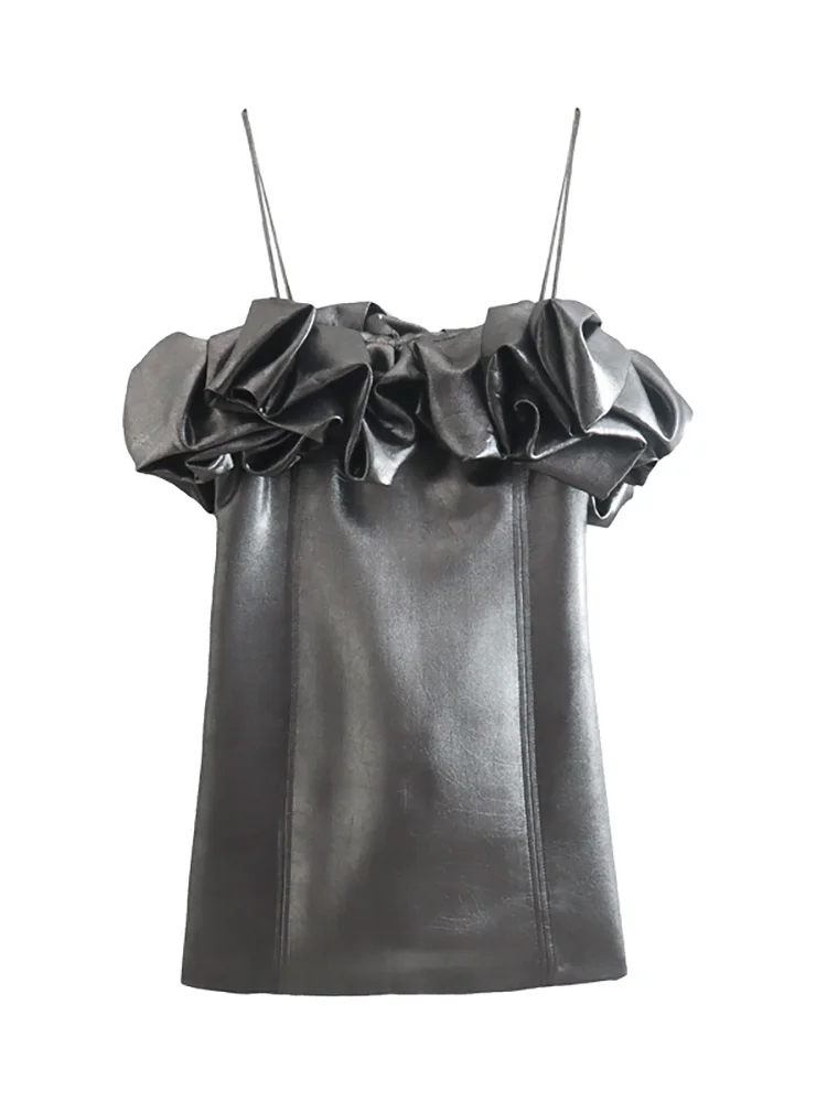 

Summer Dress Women Straight Neckline Sleeveless Raised Ruffle Metallic Mini Dress Spaghetti Strap Night Club Sexy Bodycon Dress