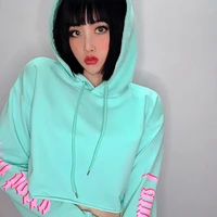 streetwear raglan long sleeve loose panelled letter hoodies sweatshirt women 2022 fall green hip hop harajuku crop top