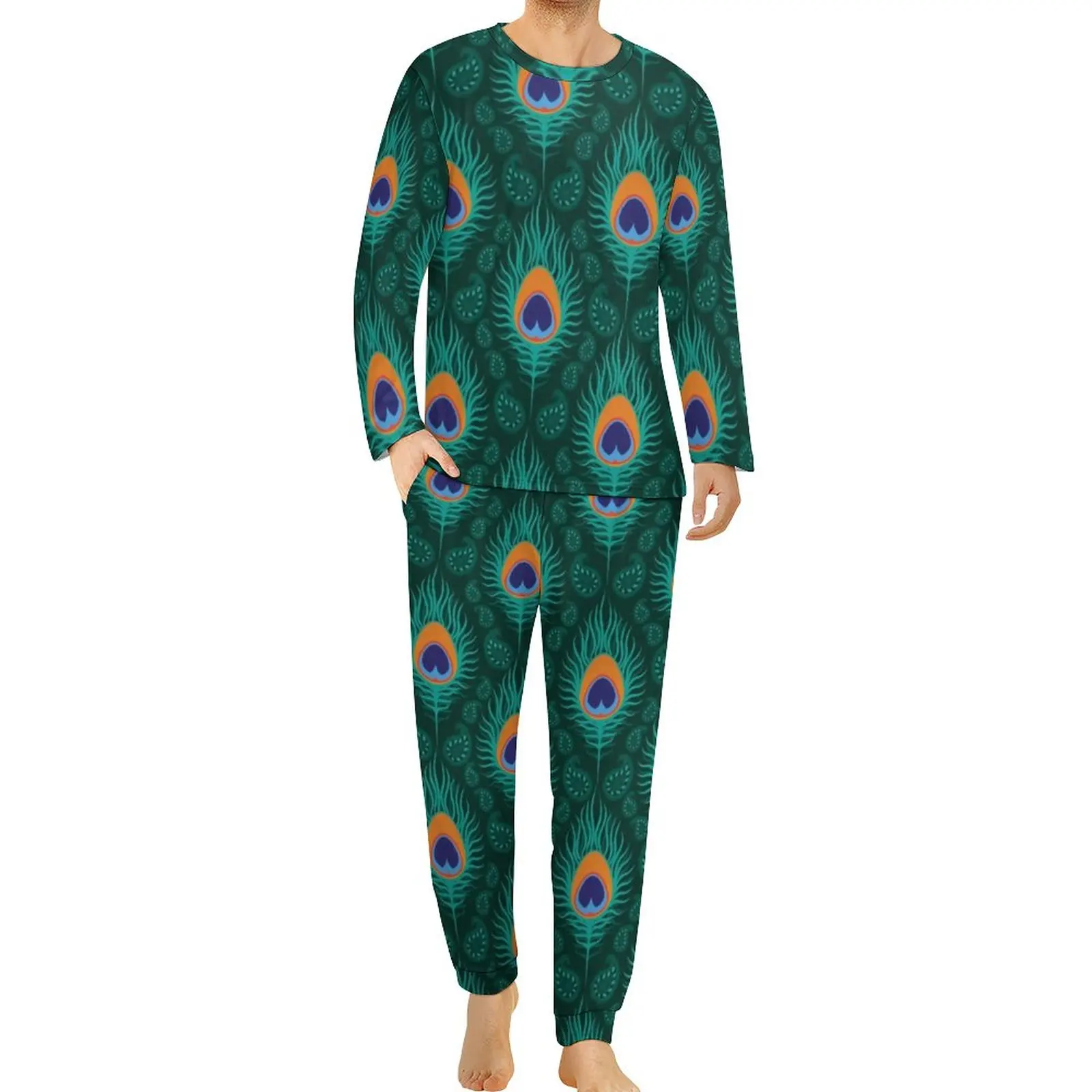 

Fancy Peacock Feathers Pajamas Autumn Animal Designs Casual Nightwear Men 2 Pieces Graphic Long-Sleeve Cute Oversize Pajamas Set