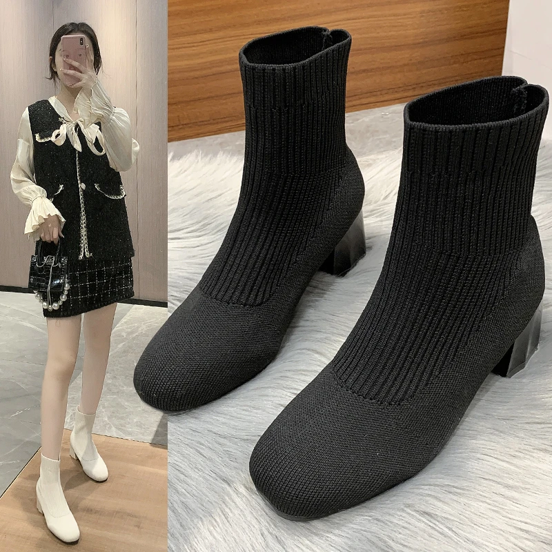 

Роскошные женские ботинки телесного и черного цветов 2022, ботинки с квадратным носком, эластичные трикотажные ботинки на толстом высоком ка...