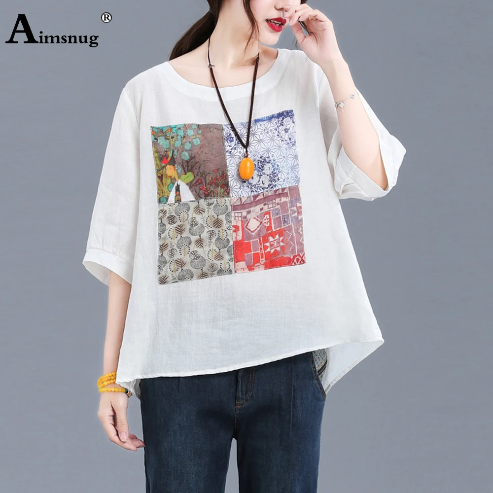 

Women's Latest Cotton Linen Top 2022 Summer Kpop Elegant 3D Print T-shirt Female Half Sleeve Casual Shirt Clothing Loose Style