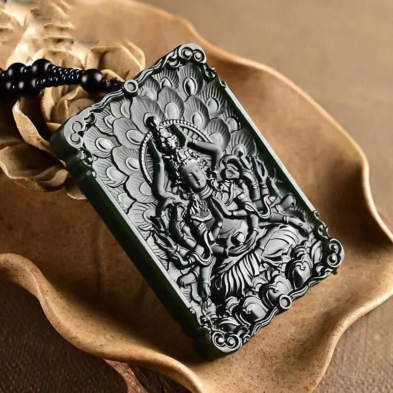 

New Natural Jade Carving Thousand-Hand Guanyin Black Green Pendant Jadeite Charm Necklace Exquisite Jewelry Men Women with Chain