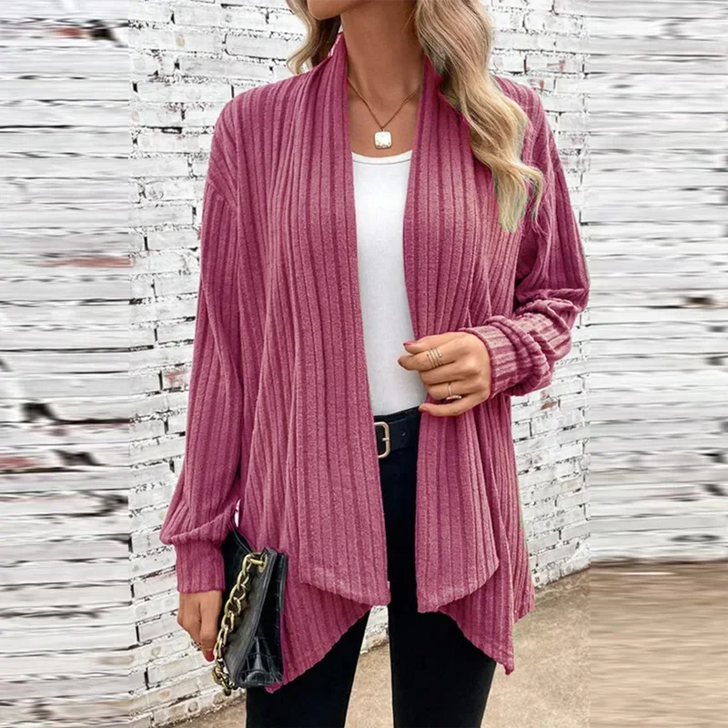 Женская свободная однотонная повседневная трикотажная кофта с длинным рукавом и