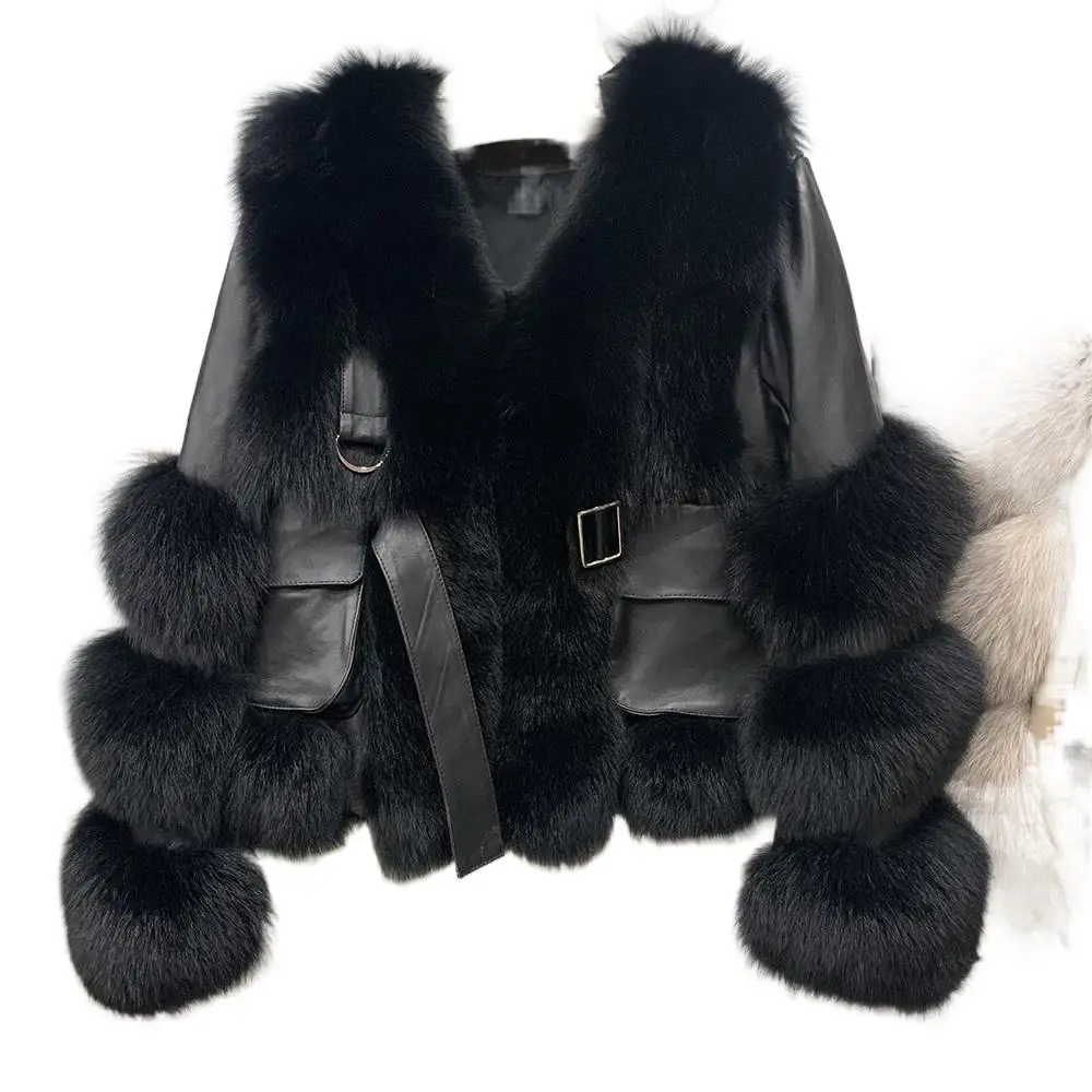 Women's Genuine Sheepskin Leather Jackets With Fox Fur Winter Thick Warm Fashion Ladies Coats Luxury Fluffy Short Overcoats