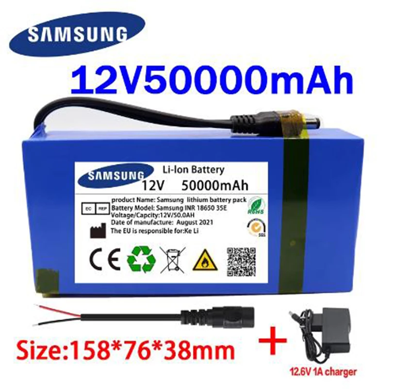 

New 12v 18650 50000mAh Lithium-ion Battery pack DC 12.6V 50Ah battery With EU Plug+12.6V1A charger+DC bus head wire