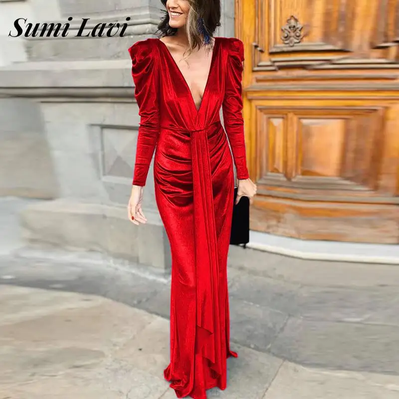 

Модное однотонное облегающее вечернее платье, пикантное длинное платье с V-образным вырезом и длинными рукавами, элегантное женское платье ...