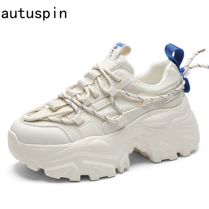 Autuspin 7cm White Sports Sneakers for Women 2023 Spring Summer Fashion Platform Breathable Casual Vulcanize Shoes Woman Size 40