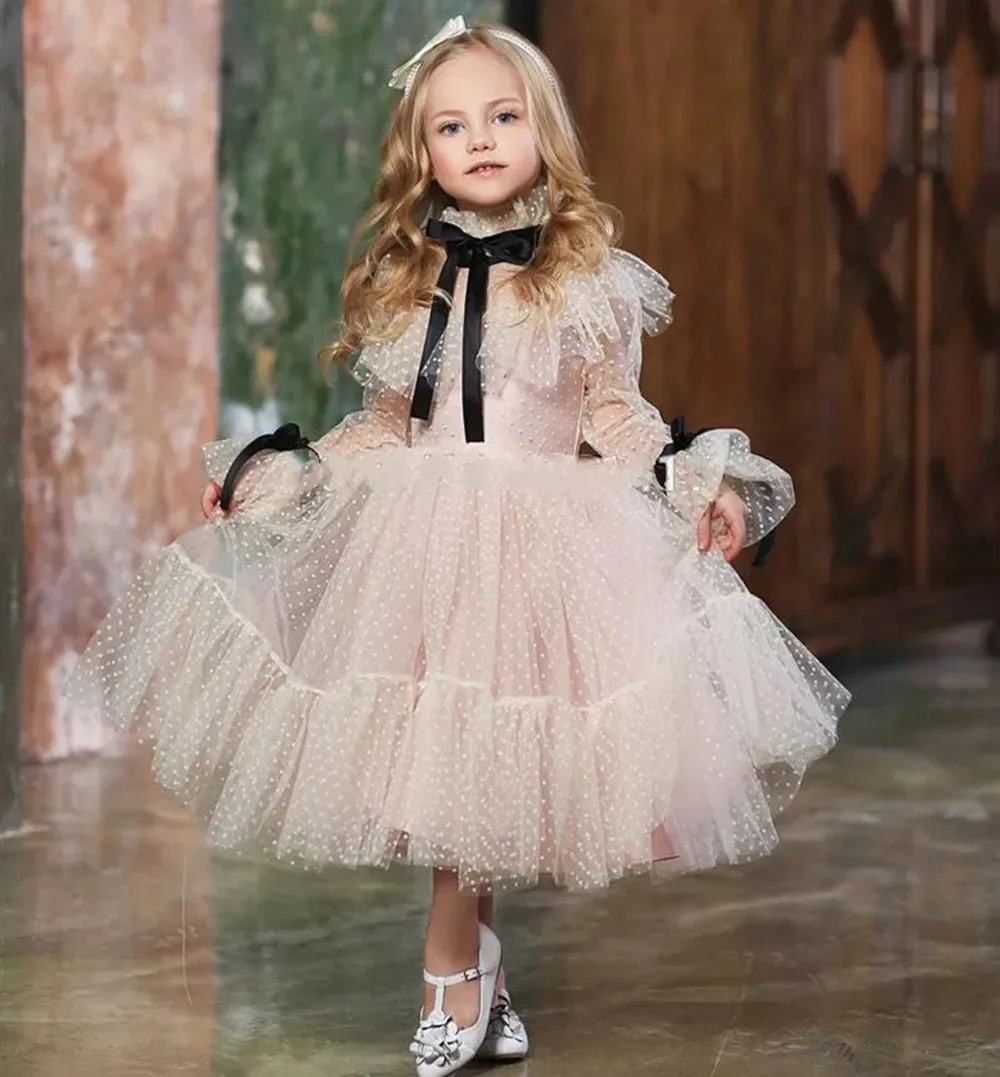 

Ivory Tulle Polka Dots Flower Girl Dresses Princess Long Sleeves Bow Sashes Holy Communion Dress Kids Prom Dress Vestidos Niña