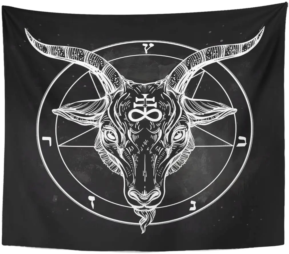 

Tapestry Pentagram with Demon Baphomet Satanic Goat Head Binary Symbol Tattoo Retro Music Summer for Biker Black Home Decor