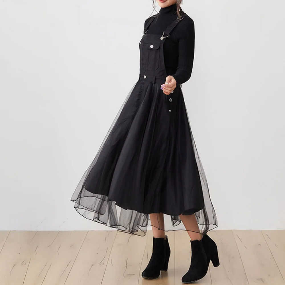 

Mesh Sleeveless Maxi Denim Dress Length Ladies Fashion A Line Standard Waist Pullover Plain Black Strap Loose One Piece Dress