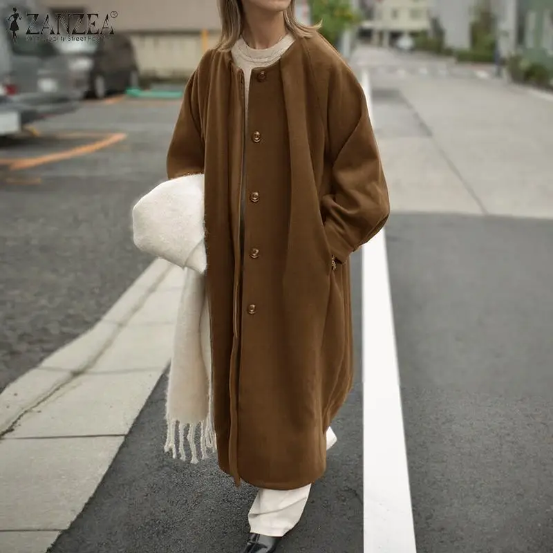 

Oversized Women Wool Blend Outwears ZANZEA 2022 Spring Long Sleeve Maxi Coats Jackets Casual Female Loose Button Up Windbreaker