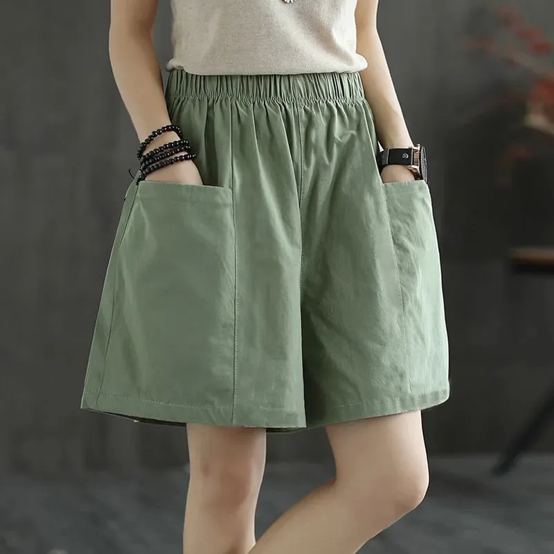 Summer Shorts Women Casual Pleated High Waist Pockets Wide Leg Thin Elastic All-Match Loose Soft Exercise shorts outdoor shorts