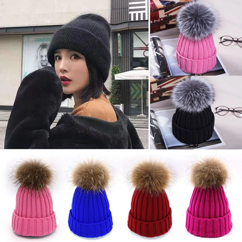 

Winter Warm Hat for Women Girl 's Hat Knitted Beanies Hat With Fur Pom Poms Beanies Cap Hat Thick Female Cap Skullies Bonnet