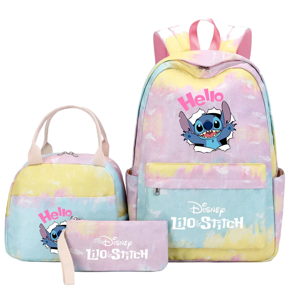 

2023 New 3Pcs Disney Stitch Girl Kids Pen Lunch Bags Rainbow Galaxy Bookbags Women Teenagers Schoolbags Travel Laptop Backpack