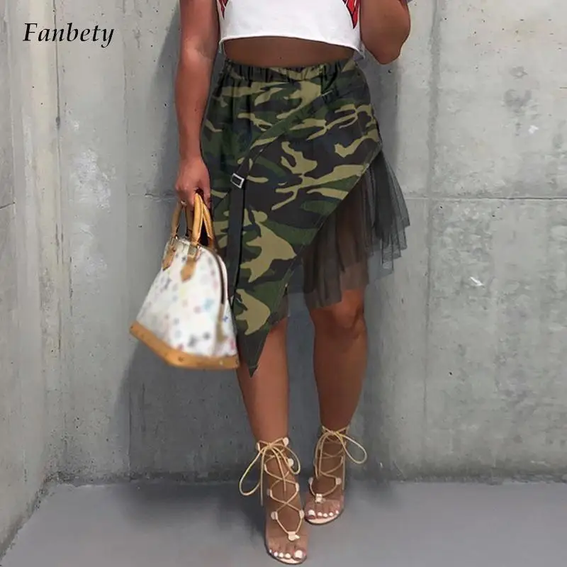 

New Elegant Lace Patchwork Mini Skirts Fashion Elastic Waist Streetwear Rock Skirts Summer Women Vintage Camouflage Party Skirts