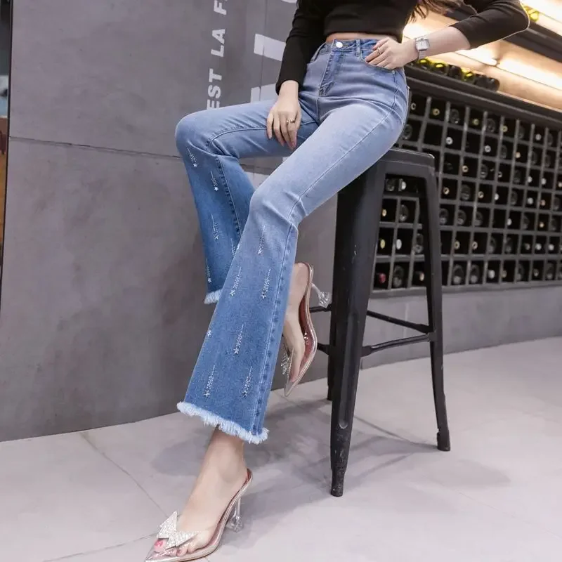 Брюки-Капри женские джинсовые с завышенной талией укороченные штаны-клеш