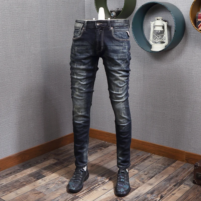 Fashion Designer Men Jeans High Quality Retro Black Blue Stretch Slim Fit Ripped Jeans Men Vintage Casual Denim Pants Hombre