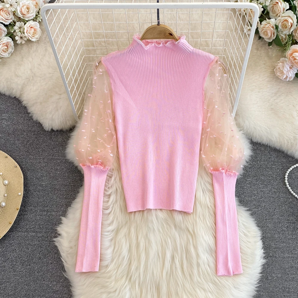 

Women's Slim Mesh Stitching Puff Sleeve Sweater, Slim Knitted Top, Korean Version, Sweet Stand-up Collar, Autumn and Winter