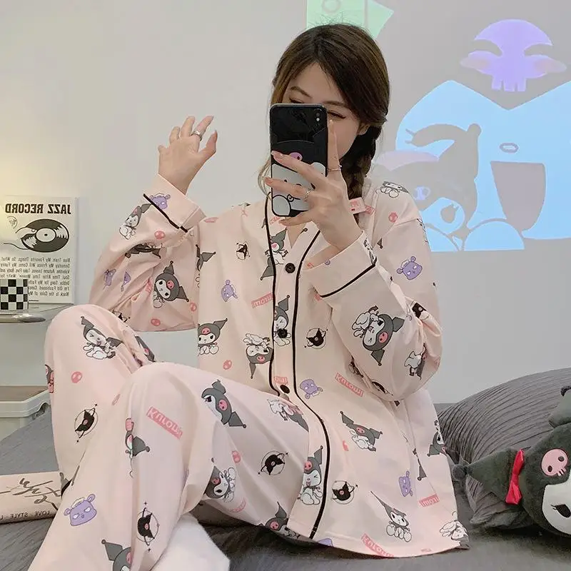 

2023 New Sanrio Anime Cinnamoroll Kuromi Spring Pajamas Cute Sweet Girl Small Fragrant Wind Cardigan Long-Sleeved Home Wear Set
