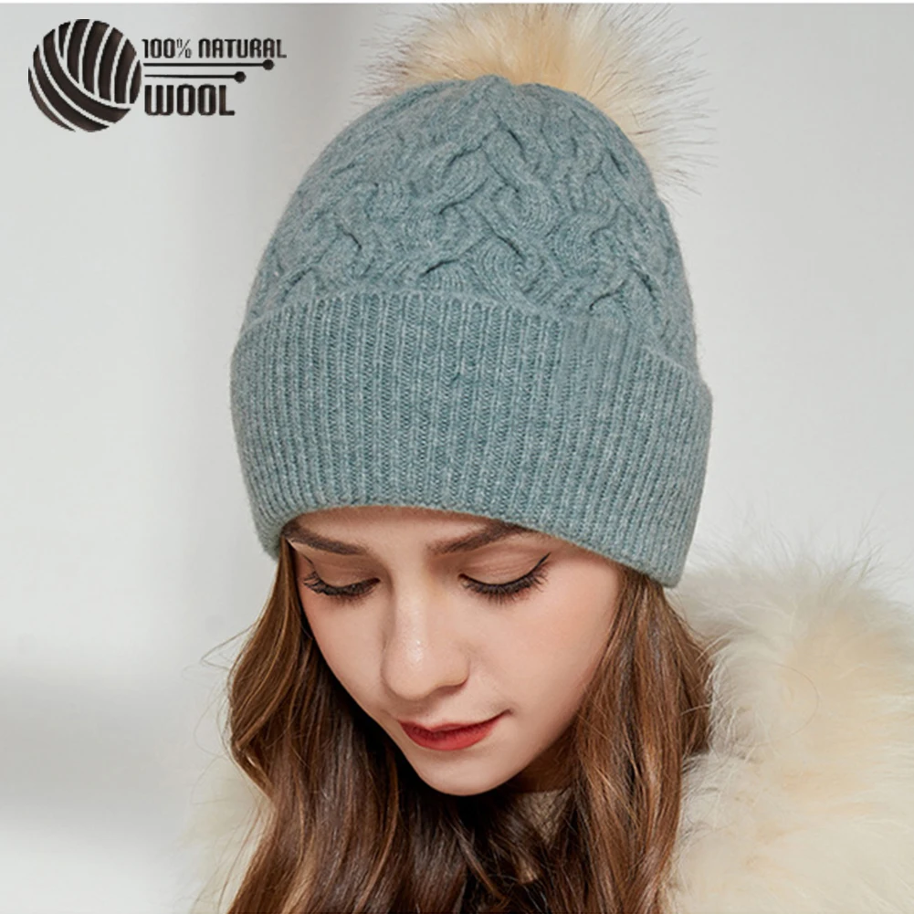 

100% Australian Merino Wool Hat with Real Fox Fur Pompom Women Winter Knit Slouchy Beanie Cashmere Skullies Hats For Girls