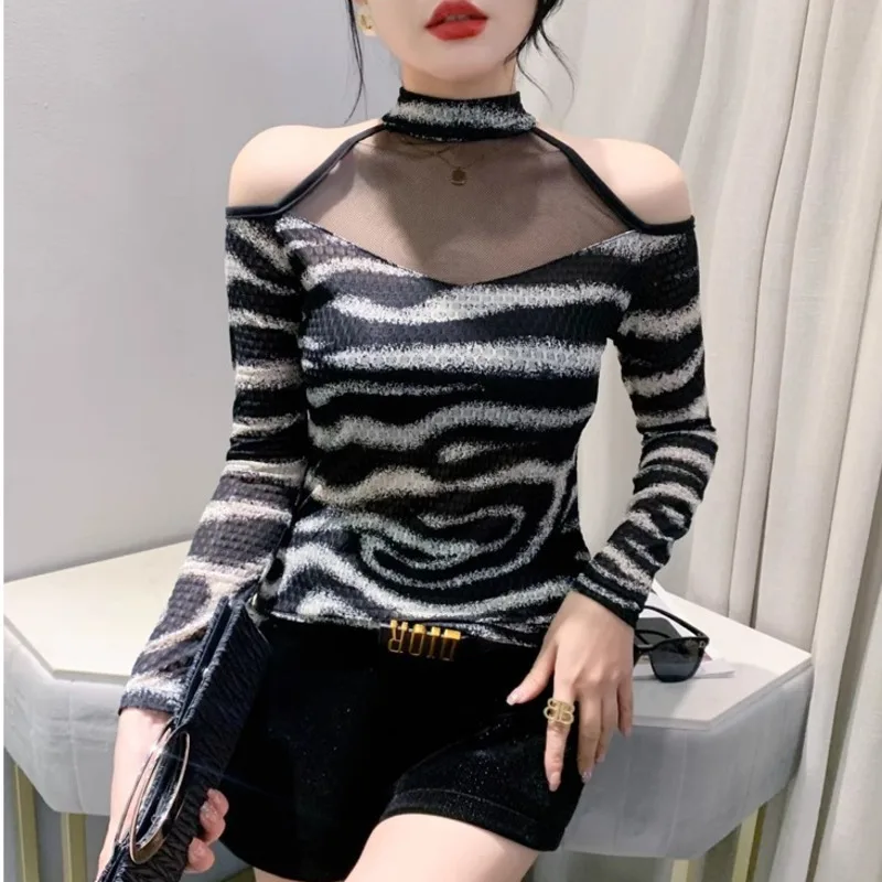 #8044 Сетчатая футболка с принтом Женский Топ длинным рукавом и открытыми плечами