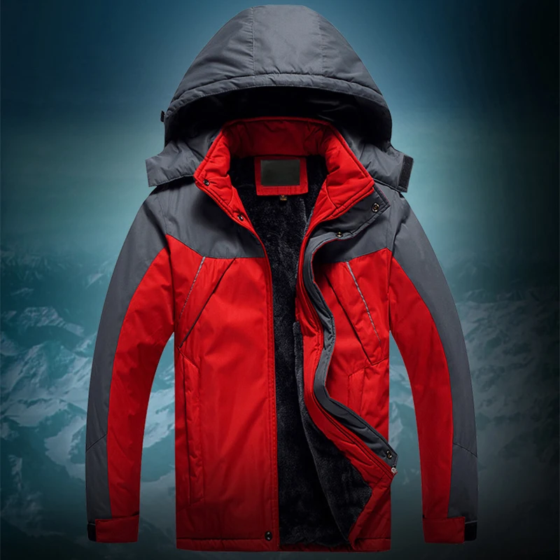Men's Jacket Winter Thickened Warm Ski Waterproof Hooded Jacket Outdoor Camping Color Block Thick Zipper Windproof Parker Coat
