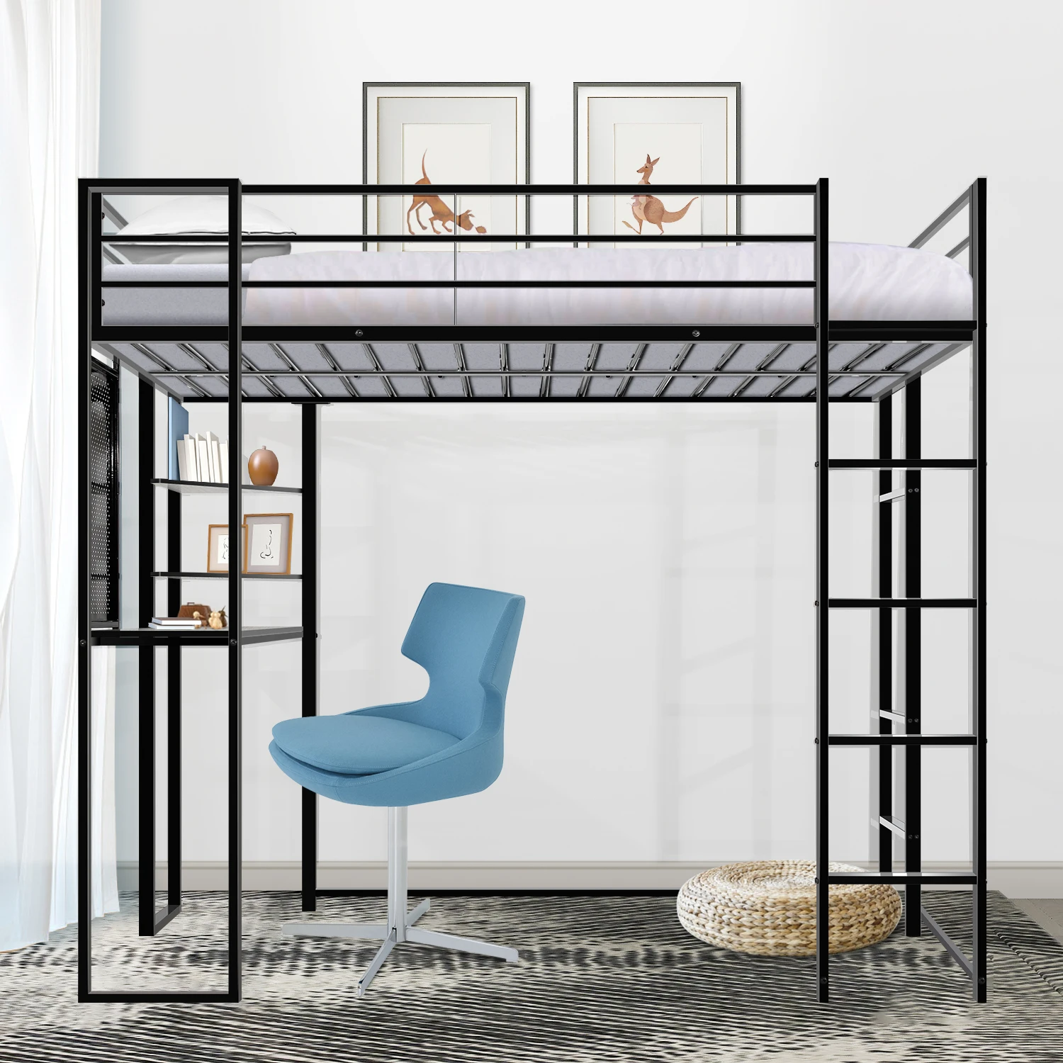 

Twin Size Metal Loft Bed with Desk & Shelves with 2 Built-in Ladders Full-Length Guardrail Bearing 200lbs 79.53"Lx42.13"Wx72.01"