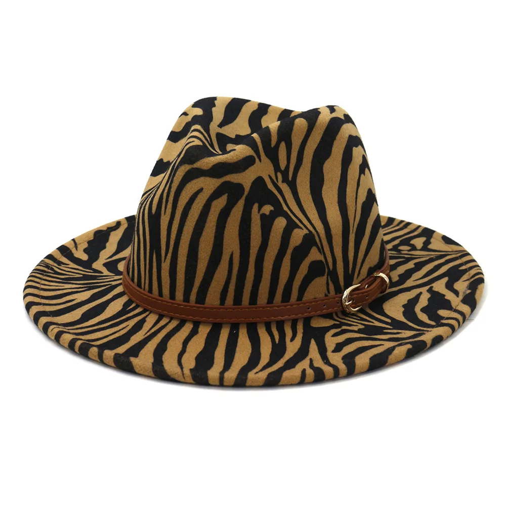 

Zebra Striped Print Jazz Fedora Hats with Brown Belt Buckle Women Men Wide Brim Church Party Felt Top Hat Panama Cap