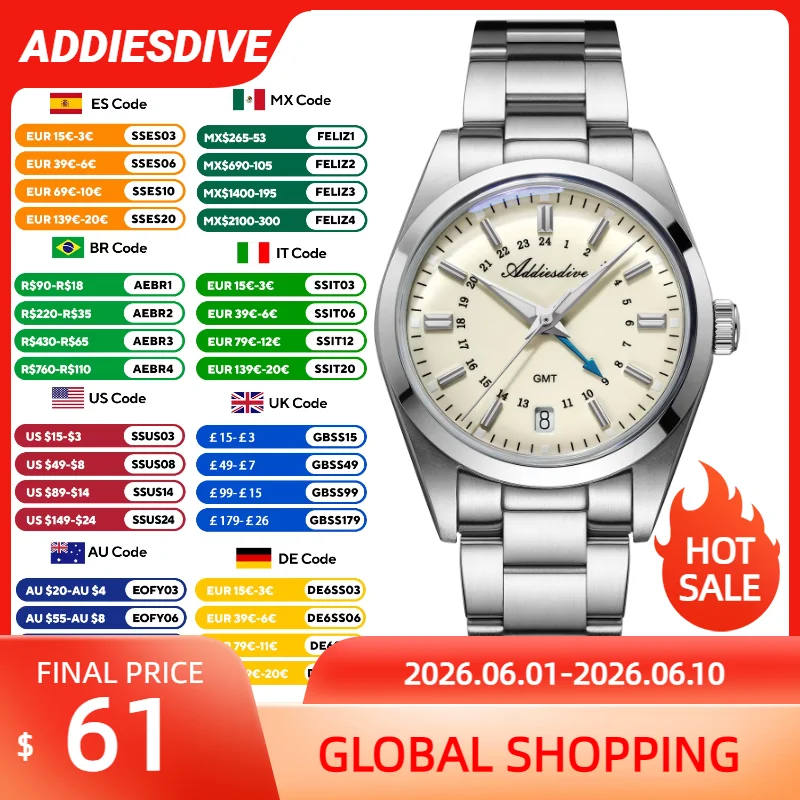 Фото Часы ADDIESDIVE 36 мм GMT с кварцевым механизмом, стеклянным куполом и водонепроницаемым корпусом, мужские часы из нержавеющей стали, простые дайверские часы для мужчин №1