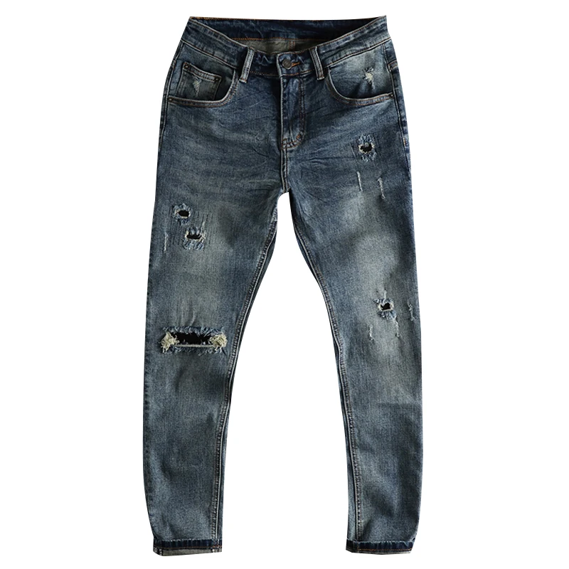 High street retro ins trend to make old ripped patch jeans men's slim feet baggy autumn trousers