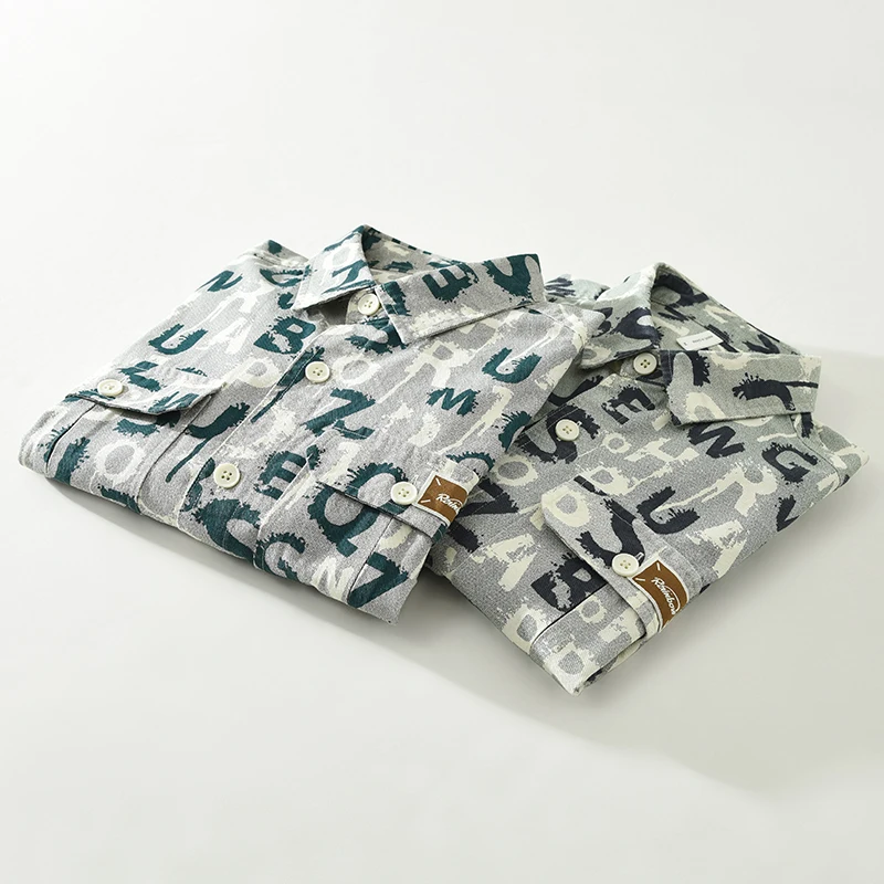 Мужская винтажная рубашка с буквенным принтом Повседневная Удобная