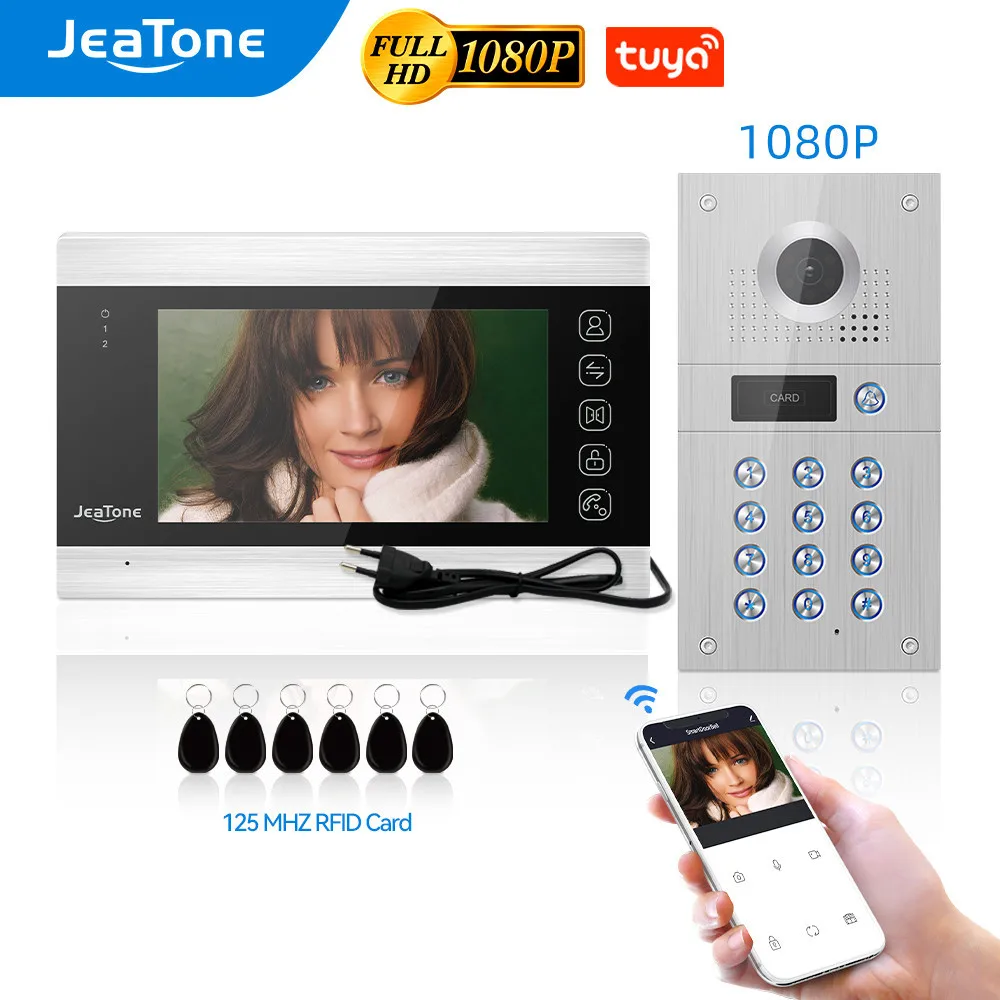 Jeatone WiFi Video Intercom with 960/1080P Camera 7Inch Touch Screen Smart Video Doorbell APP/Swipe Card Unlock Tuya Video Door