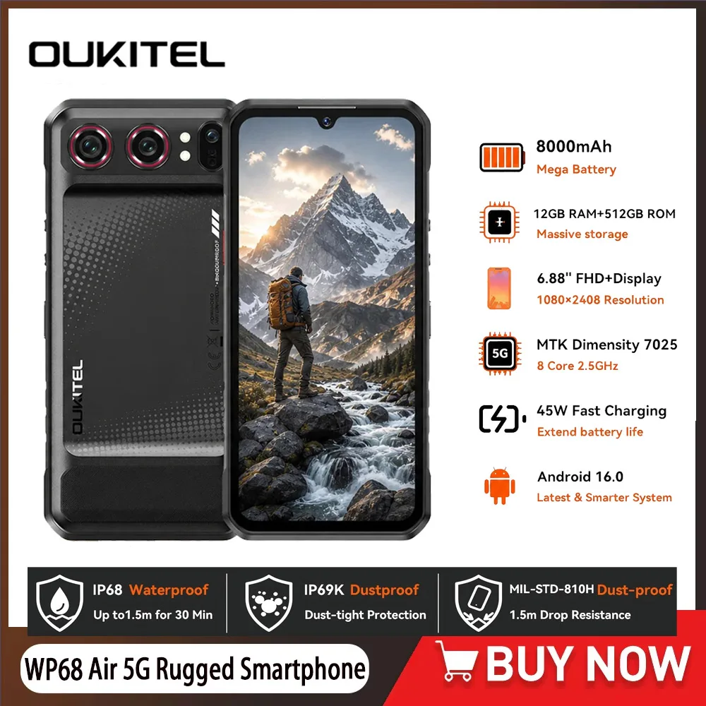 Фото Прочный смартфон OUKITEL WP68Air 5G, 12 ГБ ОЗУ, 512 ГБ ПЗУ, аккумулятор 8000 мАч, 32 МП камера, 6,88-дюймовый дисплей 120 Гц, процессор Dimensity 7025, Android 16.0 №1