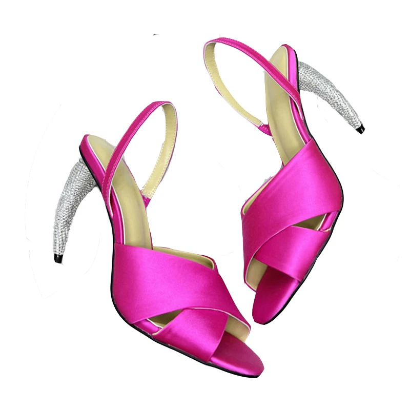 

Horn Rhinestone Sandals Woman Open Toe Diamond Pink Luxury Satin Strange High Heels Woman Slingback Party Shoes