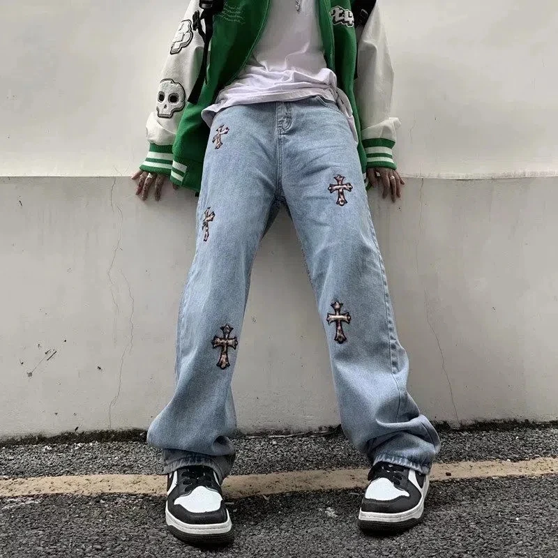 Streetwear Korean Fashion Clothes Cross Applique Jeans Men'S  High Waist Y2k Straight Baggy Pants Casual Denim Trousers Unisex